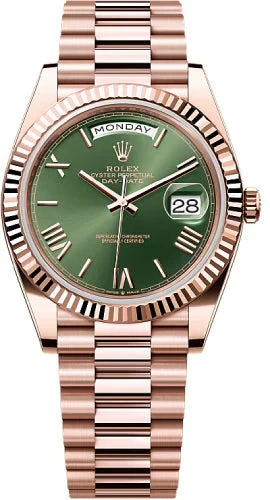 Rolex Day-Date 40, Everose gold · olive Roman dial