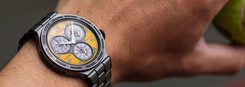 Close view of a chronograph on a wrist