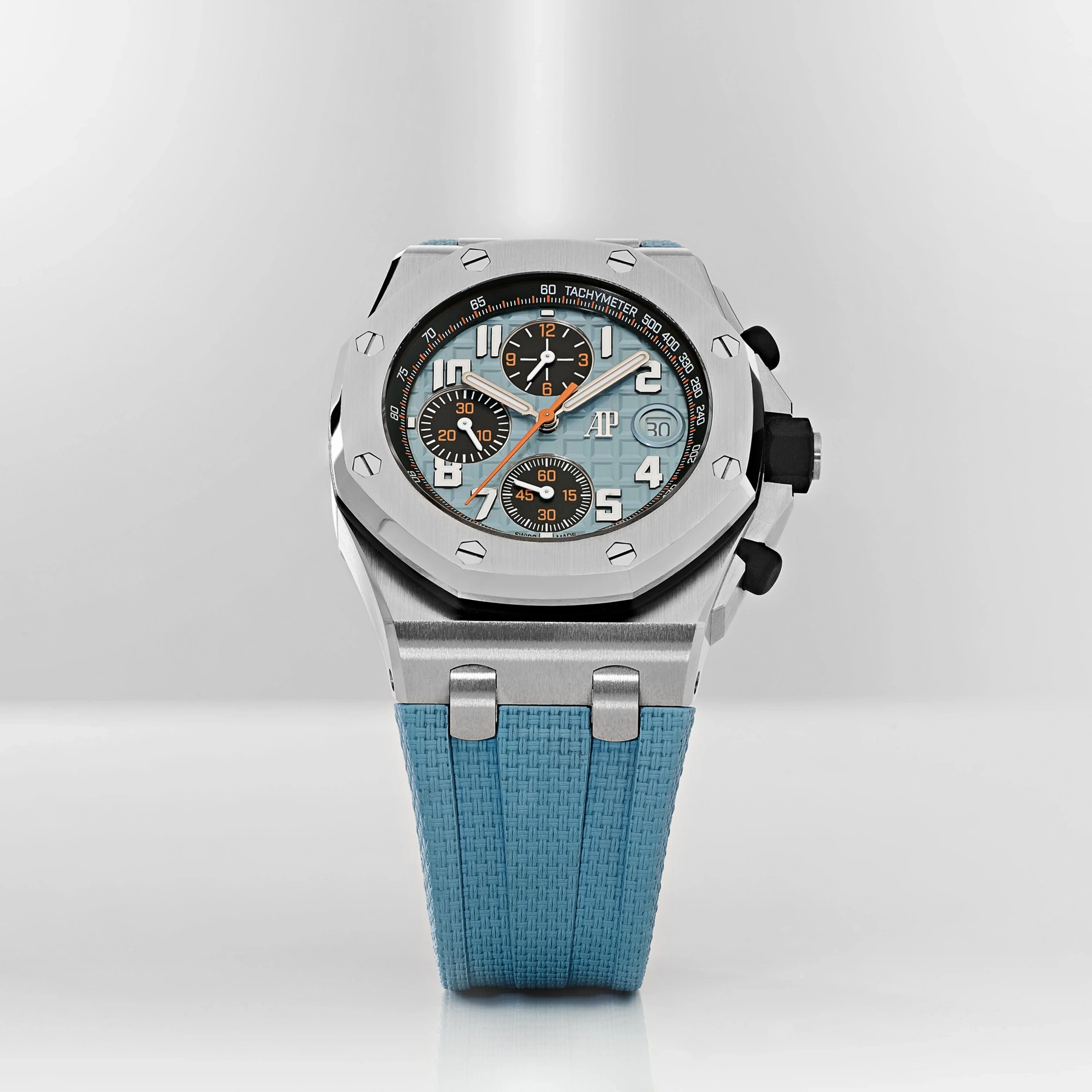 Audemars Piguet Royal Oak Offshore with a pale blue strap, illustrating a sourcing request
